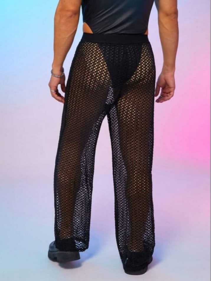 Men's Wide-Leg Loose Fit Mesh Embroidered Trousers Lounge Pant